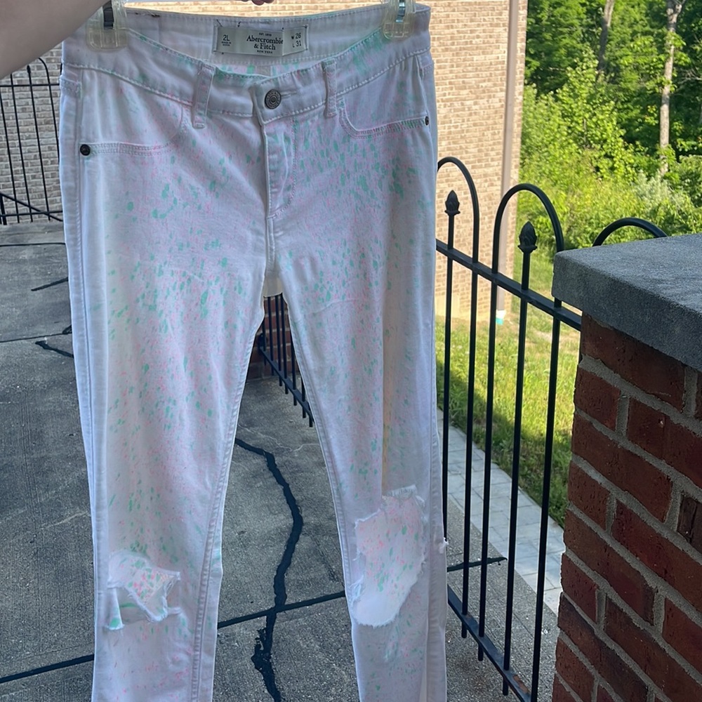 Abercrombie and Fitch, White jeans painted pink and green splatter